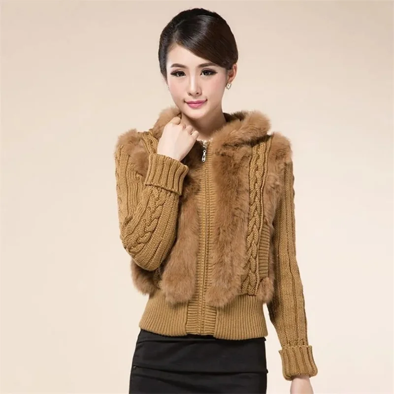 

Women Haining Spring Autumn Rabbit Fur Imitation Fur Coat 2024 New Female Hooded Short Knitted Long-Sleeved Sweater Pullover Top