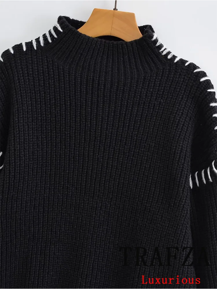 TRAFZA Vintage Casual Women Sweater Solid O-Neck Spliced Long Sleeve Knitted Loose Sweater Fashion 2024 Autumn Holiday Sweater