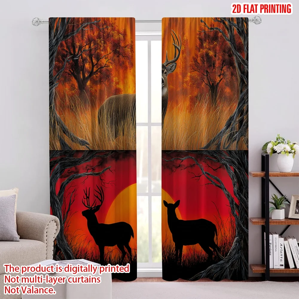 2 قطعة 2D الطباعة المسطحة الستائر Whitetail الغزلان الغروب صورة ظلية الرقمية المطبوعة البوليستر الستائر الموسمية الطرف و عطلة ديكور