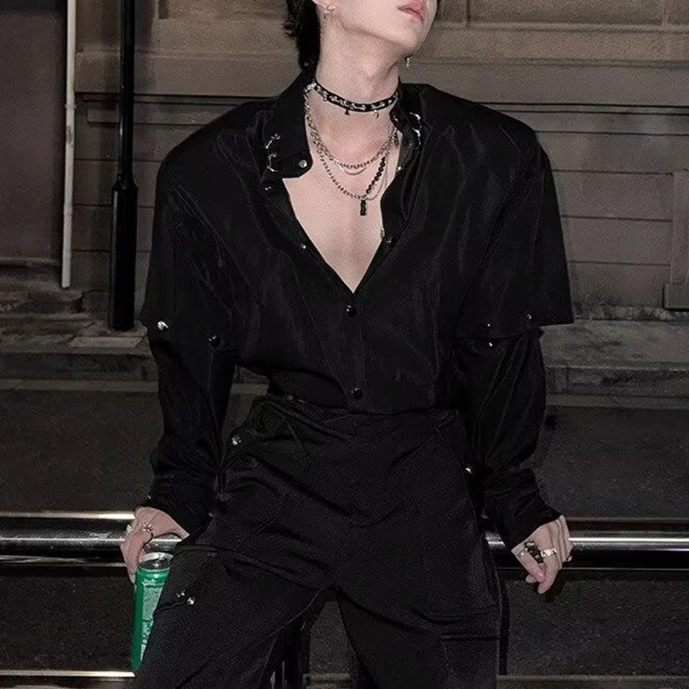 Detachable Men's Shirt Long-Sleeved Spring Summer Solid Stitching Korean Retro Fashion High Street Loose Casual Niche Tops
