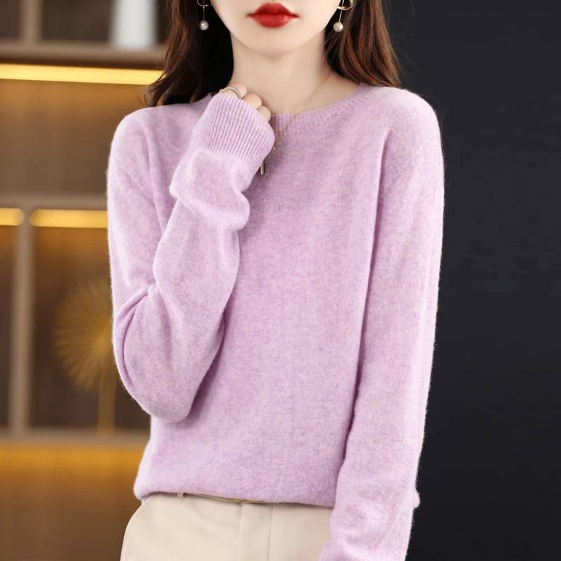 100% pure woolen sweater female new autumn and winter crewneck sweater cover solid color loose and thin all matching short