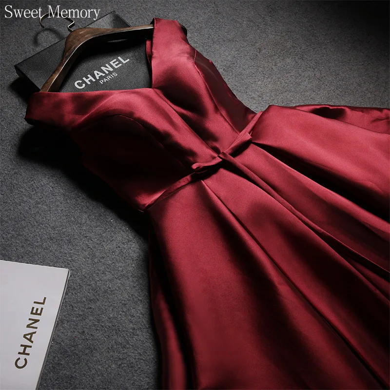 F279 Sexy V-Neck Wine Red Satin Prom Dresses Woman Lace Up Wedding Party Dress Graduation Sleevless Gown Girls Backless Robes