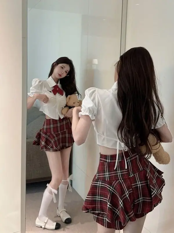 Ragazza carina giapponese a maniche corte Jk uniforme cravatta donna coreana chic uniforme da marinaio camicia a vita alta gonna abiti scolastici