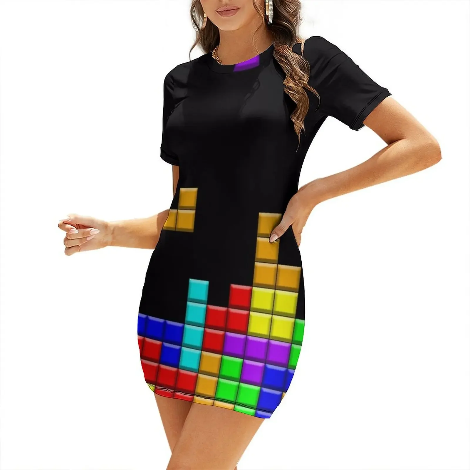

retro game pattern Short-Sleeved Dress women's dresses luxury dress women elegant luxury Beachwear Dress