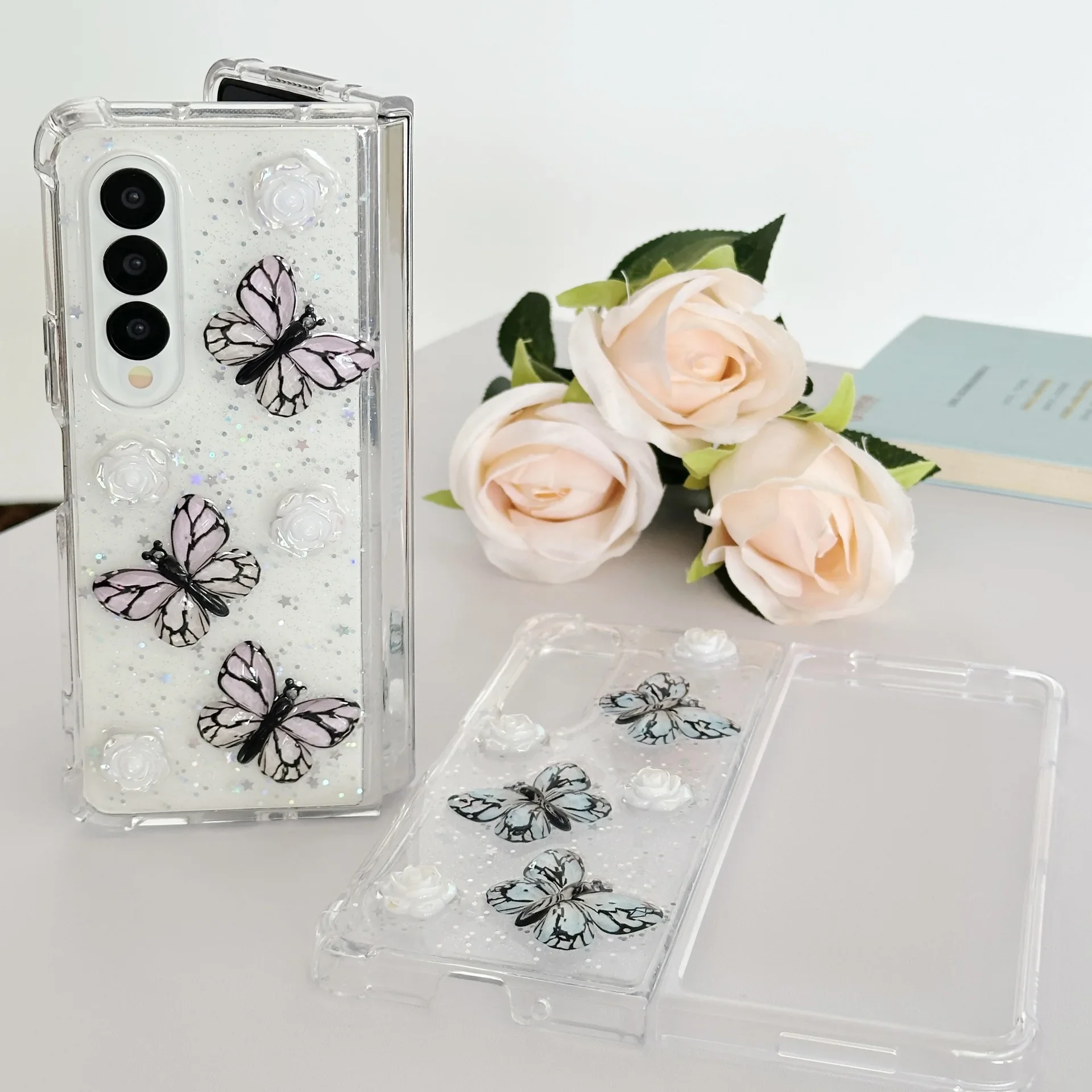 For Samsung Galaxy Z Fold 6 5 4 3 Case Pearl Butterfly Transparent Silicone Four Corner Shockproof Protective Cover Accessories