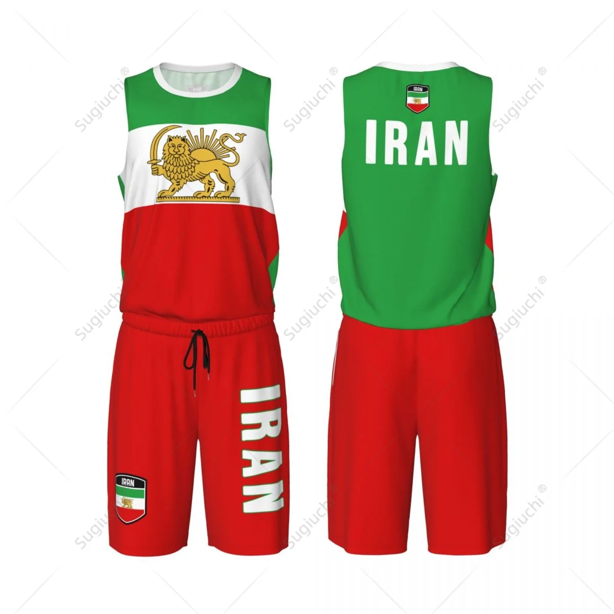 Men Iran Flag Lion And Sun Persia Miga Basketball Jersey Set Mesh Shirt & Pants Sleeveless Exclusive Team-up