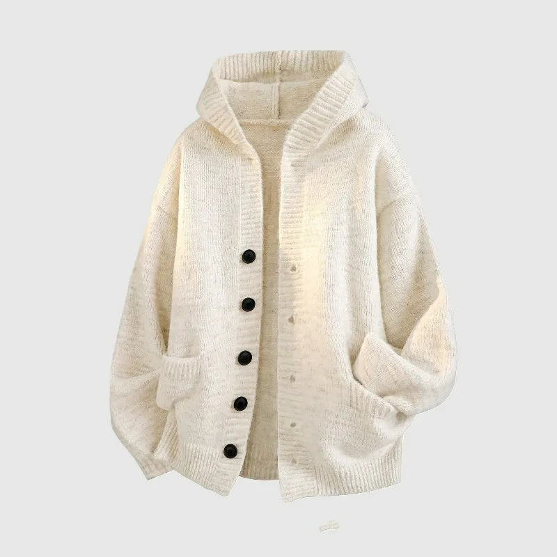 KIDWHXR Kapuzenpullover für Herren, Herbst, locker geschnitten, einfarbig, einreihig, gestrickter Mantel, einfacher Langarm-Cardigan mit Taschen, lässiger Herrenpullover. – Detail 8