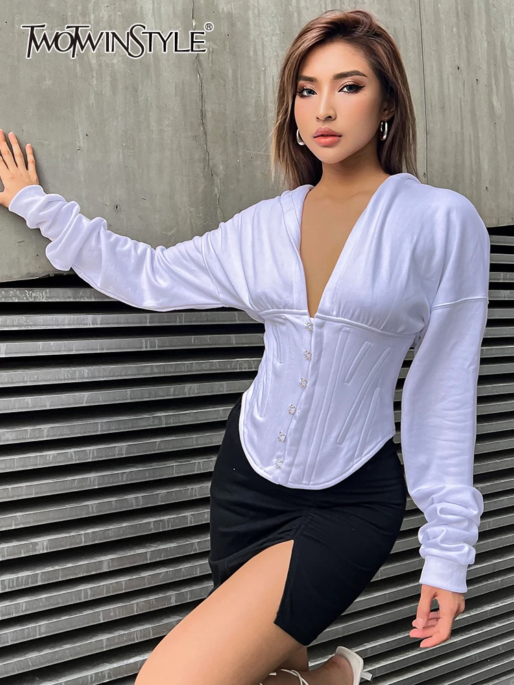 Twotwinstyle estilo coreano sólido moletom para as mulheres com capuz colarinho manga longa único breasted sweatshirts moda feminina 2022