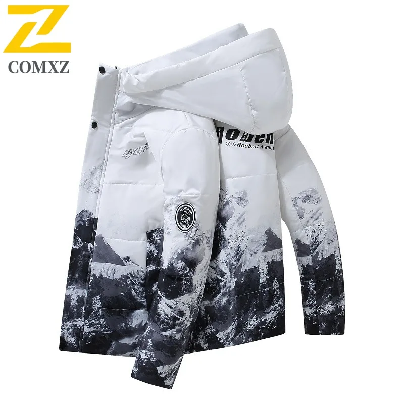 COMXZ 2025 Winter Couple Mountain Print Short Down Jacket Men's Loose Fit Korean Style Trendy Warm White Duck Feather Coat