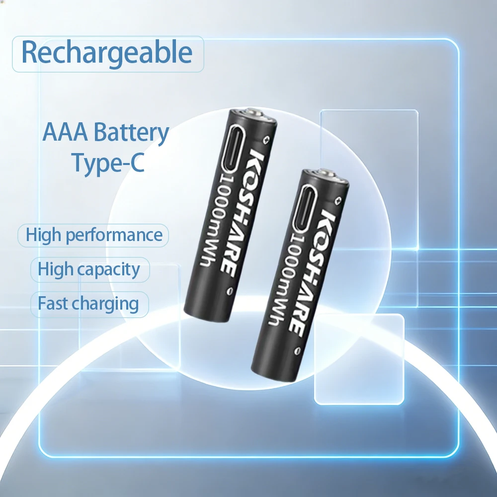 KOSHARE AAA 1.5V Li-ion Rechargeable Batteries1000mWh Type-C Lithium AAA Battery For Clock Radio Video Game Digital+Type-C Cable