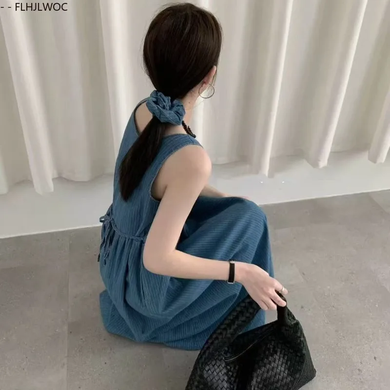 Algodão azul denim jean vestidos nova moda feminina 2025 verão data meninas rendas retro vintage listrado sem mangas colete vestido