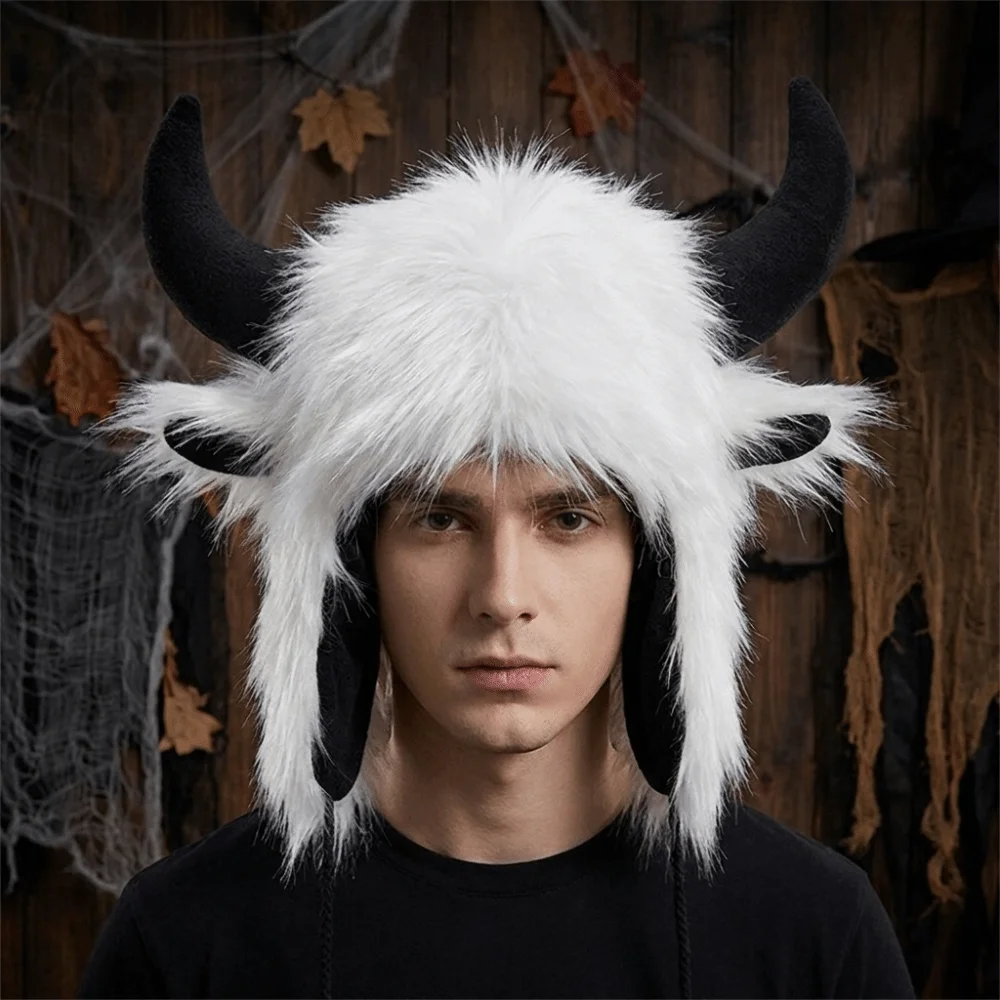 Furry Solid Color Ox Horn Hat Thickened Fluffy Demon Ear Protection Hat Thermal Fur Trim Winter Pullover Cap Winter