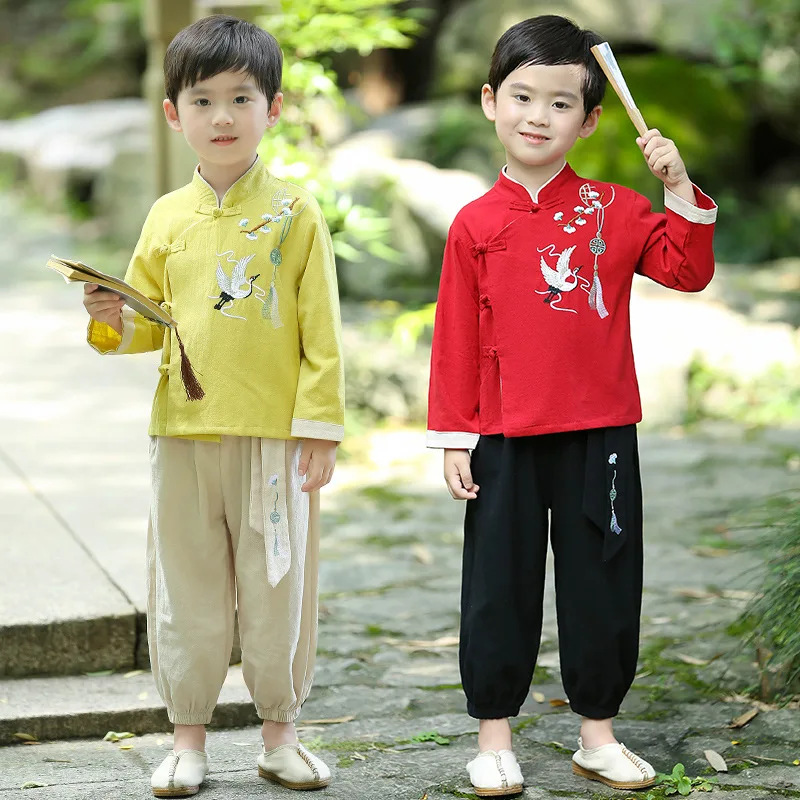 Autumn New Boy Chinese Style Traditional Embroidery Two Piece Set Hanfu Children Lovely Role Play Cosplay Vintage Button Costume