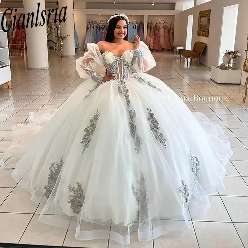 Gorgeous sweetheart long sleeve tiered quinceanera dresses ball gown illustration appliques lace corset vestidos de XV anos