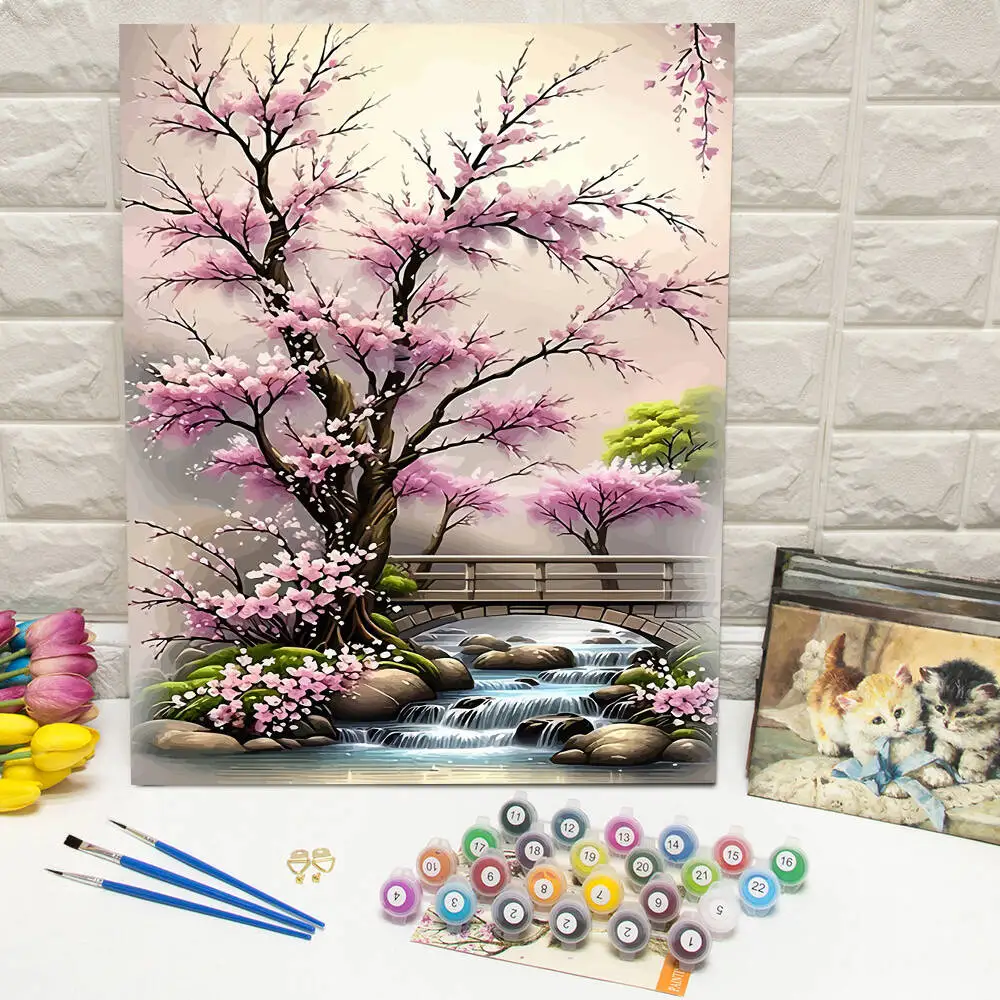 Ölgemälde nach Zahlen, Berglandschaft, DIY, digitale Malerei, Haus, Baum, Landschaft, Bild, Kunsthandwerk auf Leinwand, handgemaltes Geschenk