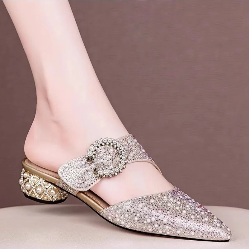

Gorasion 2025 New Women's Summer Thick-heeled Slippers Flip-flops with Toe Caps Heels Fashion Mid Heel Single Shoes Female Mules