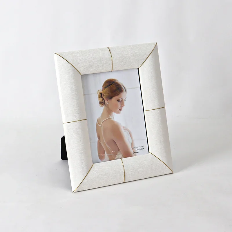 White Leather Metal Photo Frame - Modern Minimalist Decorative Tabletop Frame for Bedroom Stylish Home Décor