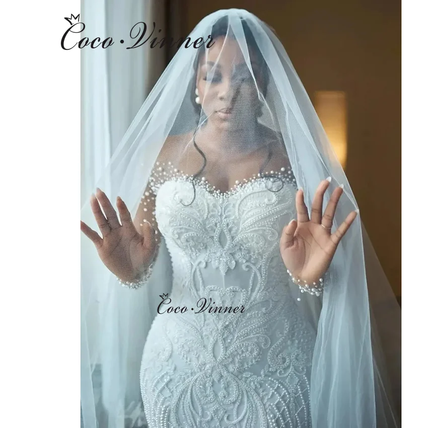

Customized Pearls Beaded Lace Appliques Quality Mermaid Wedding Dress America Fashion Plus Size Bride Dresses For Women W1404