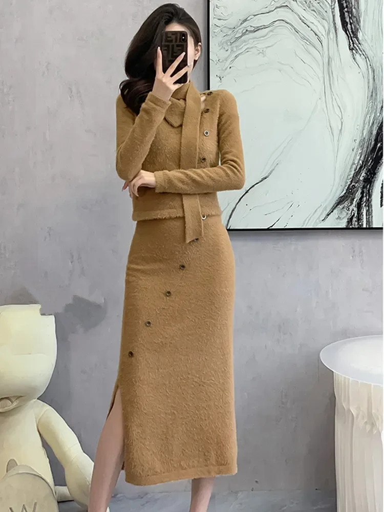 New Elegant 2 Piece Sets Women Outfit Knitted Office Lady Fashion Skew Collar Pullover Sweater Tops + Long Skirt Women\'s Suit