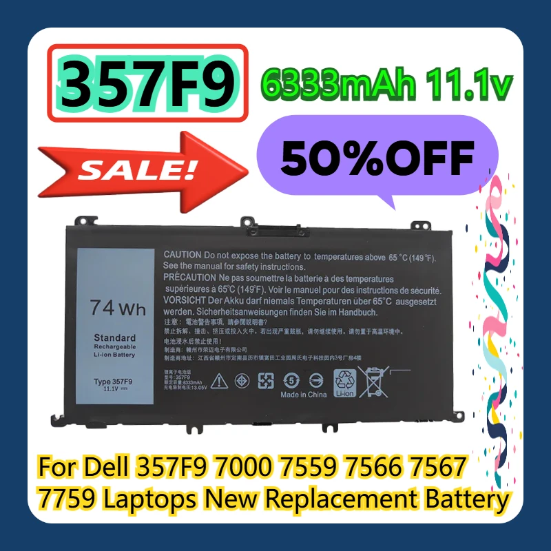 

357F9 6333 мАч 11,1 В для ноутбуков Dell 357F9 7000 7559 7566 7567 7759 Новый сменный аккумулятор
