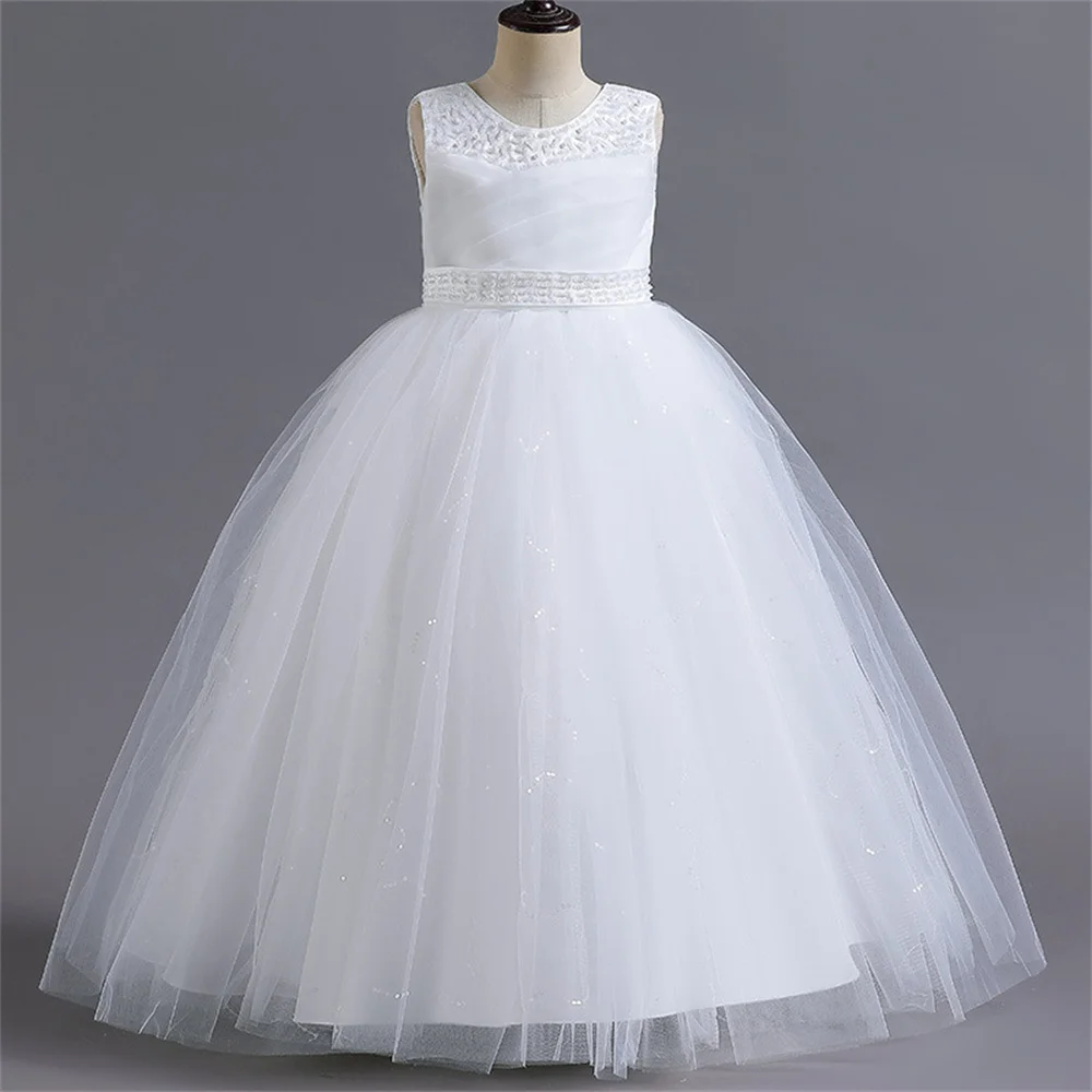 

2023 White Tulle Flower Girl Dress Lace Sleeveless Fluffy Pearls Wedding Birthday Party Princess Gowns First Communion Ball Gown