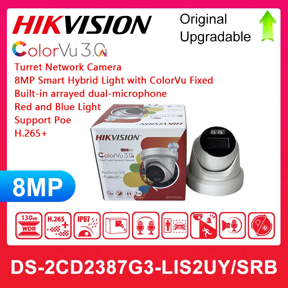 Hikvision 8MP Câmera IP DS-2CD2387G3-LIS2UY/SRB Luz Híbrida Inteligente com ColorVu Torre Fixa Câmera de Rede Sistema CCTV 4K POE