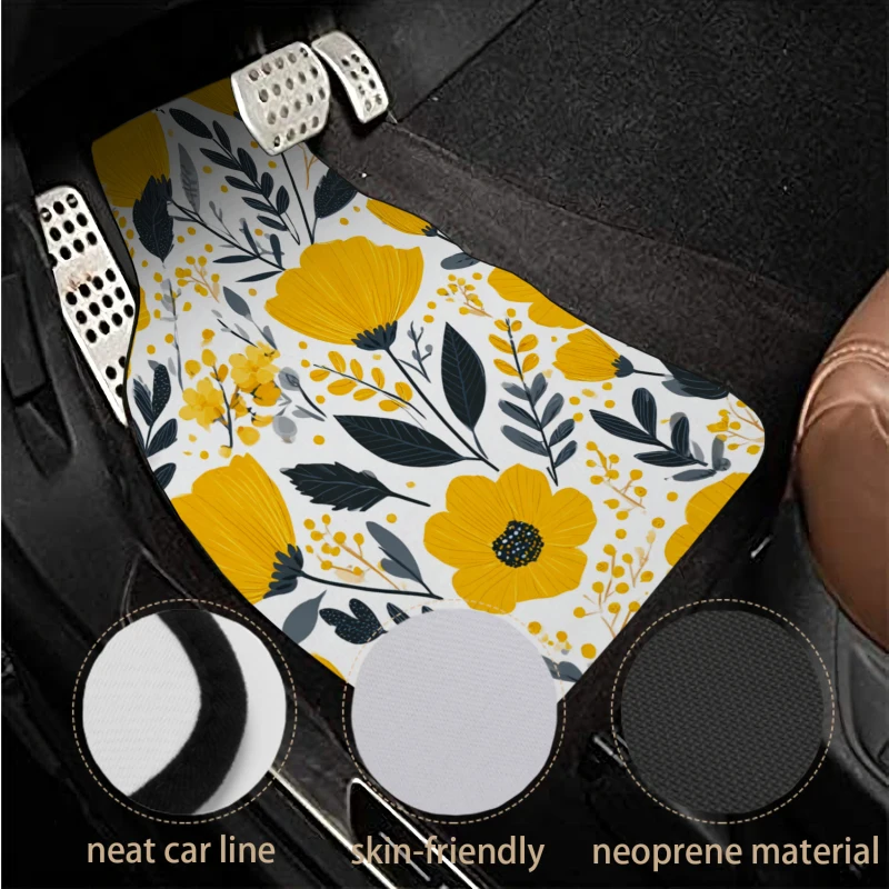 Car Floor Mats Non-Slip Set Of 4 Yellow Floral Car Floor Mats With Navy Leaves Front Rear Carpets Mat, Decorative Car Foot Floor