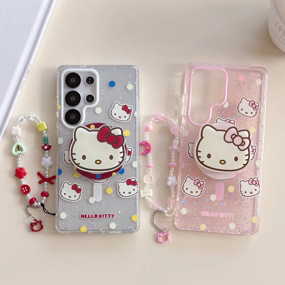 Magnetic Glitter Color Wave Point KT Head Phone Case for Samsung Galaxy S23 Ultra S24 S25 FE S26 Plus Ultra Hard Phone Cover