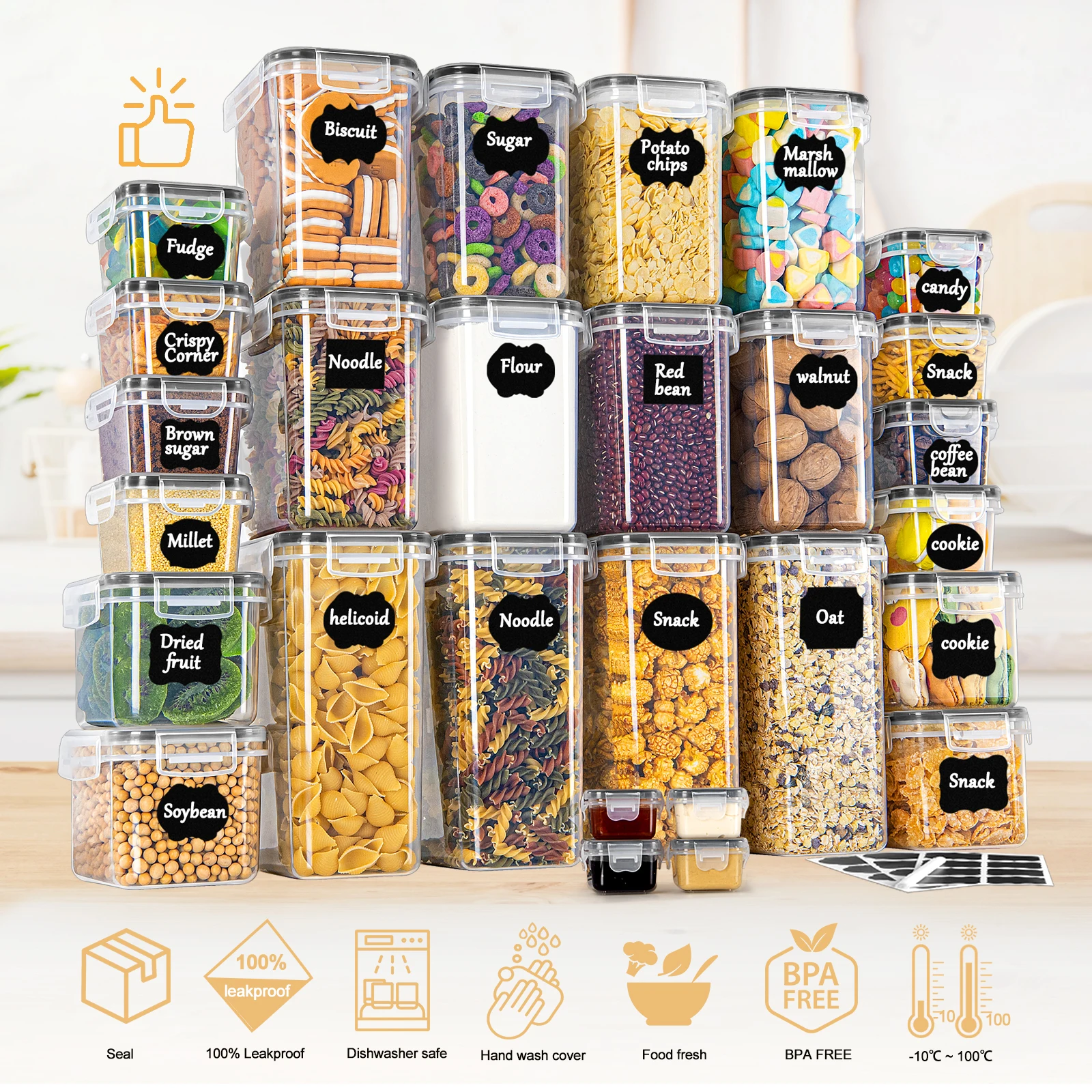 Juego de 28 Recipientes Herméticos con Tapa – Organizadores de Cocina sin BPA, Botes Transparentes para Cereales, Harina, Café & Cornflakes, 2 L/1.4 L/0.8 L/0.32 L/0.06 L