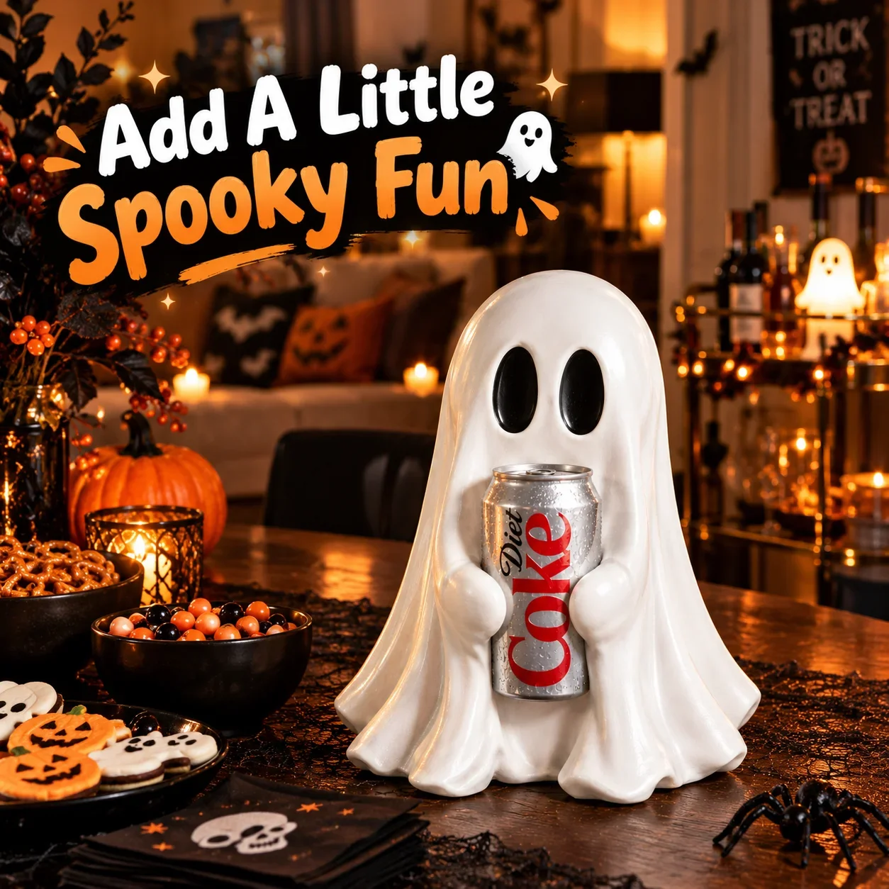 Funny Ghost Holding Soda Can Resin Statue Halloween Desk Decor Cute Spooky Room Ornament Gift for Home Office Decoration