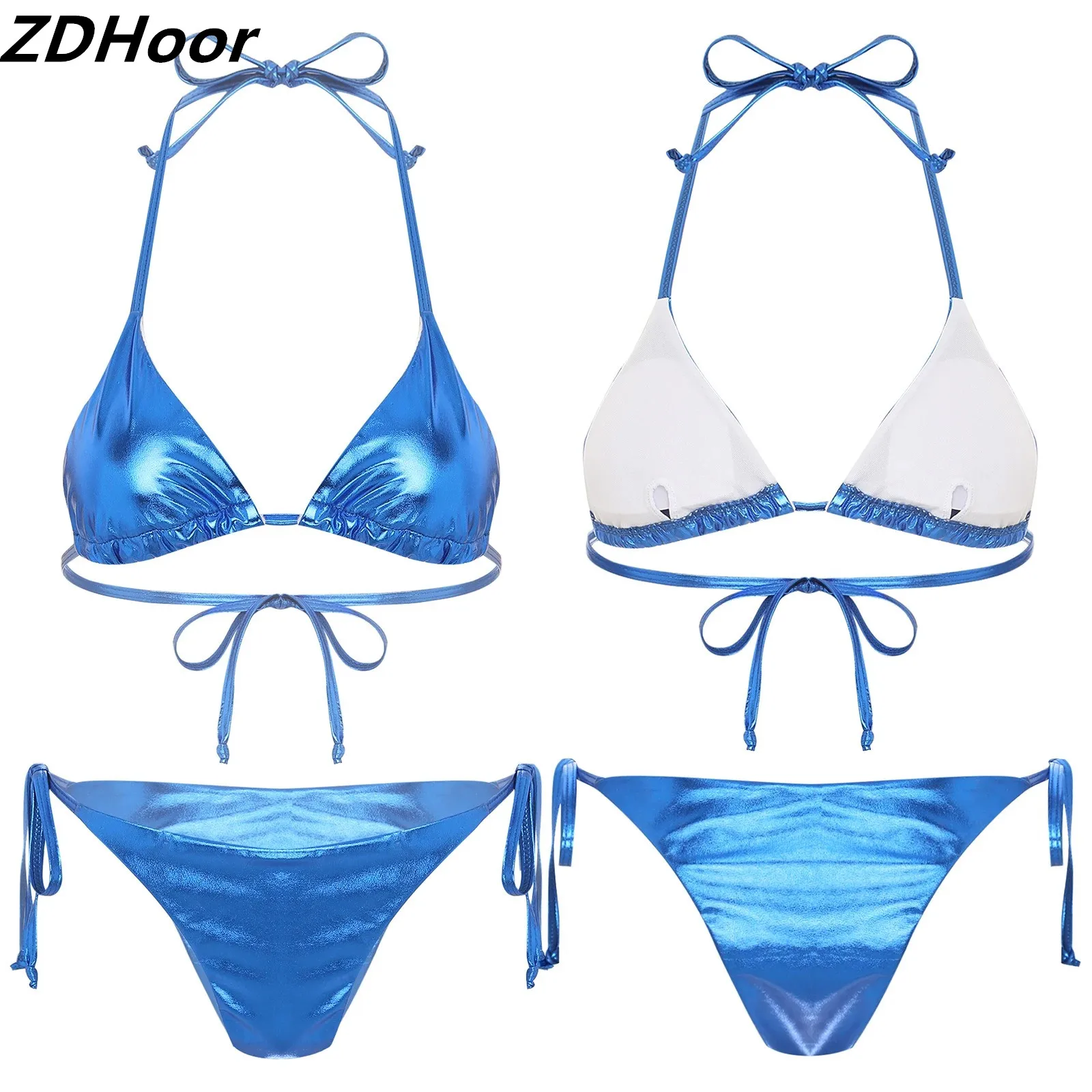 

Womens Metallic Shiny Lacing Bikini Set Padded Triangle Cup Top with Briefs 2-Piece Sexy Bathing Suit for Tropical Vacation