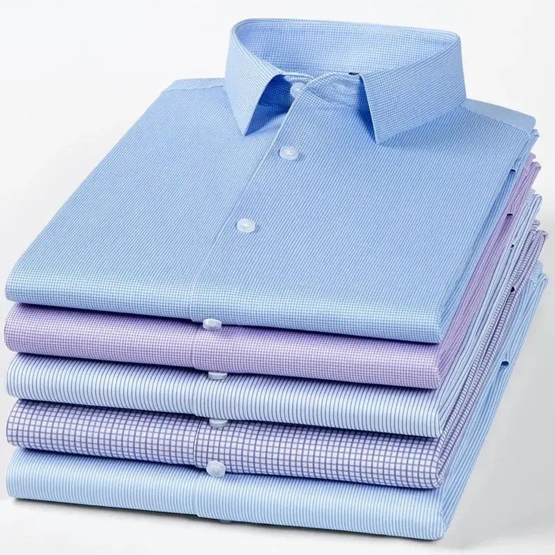 New Stretch AntiWrinkle Men's Long Sleeve Dress Shirt Autumn Season Wide Fit Fleece Lined Thickened  Collar Shirt
