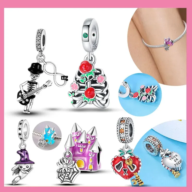925 Sterling Silver Heart Skeleton Key Lock Beads 2025 New Halloween Series DIY Handmade Bracelet Birthday Gift Jewelry