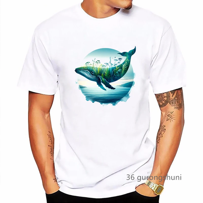 New Arrival 2024 Watercolor Whale Printed Tshirt Men'S Clothing Sunrise Fashion T Shirt Homme Summer Fashion T-Shirt