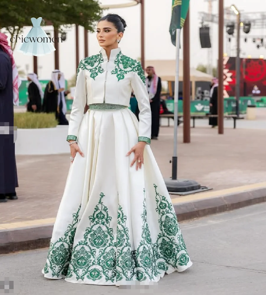 2 Piece Arabic Evening Dress Green Baroque Embroidery Stand Collar Long Sleeve Muslim Prom Gowns Arabic Celebrity Customized