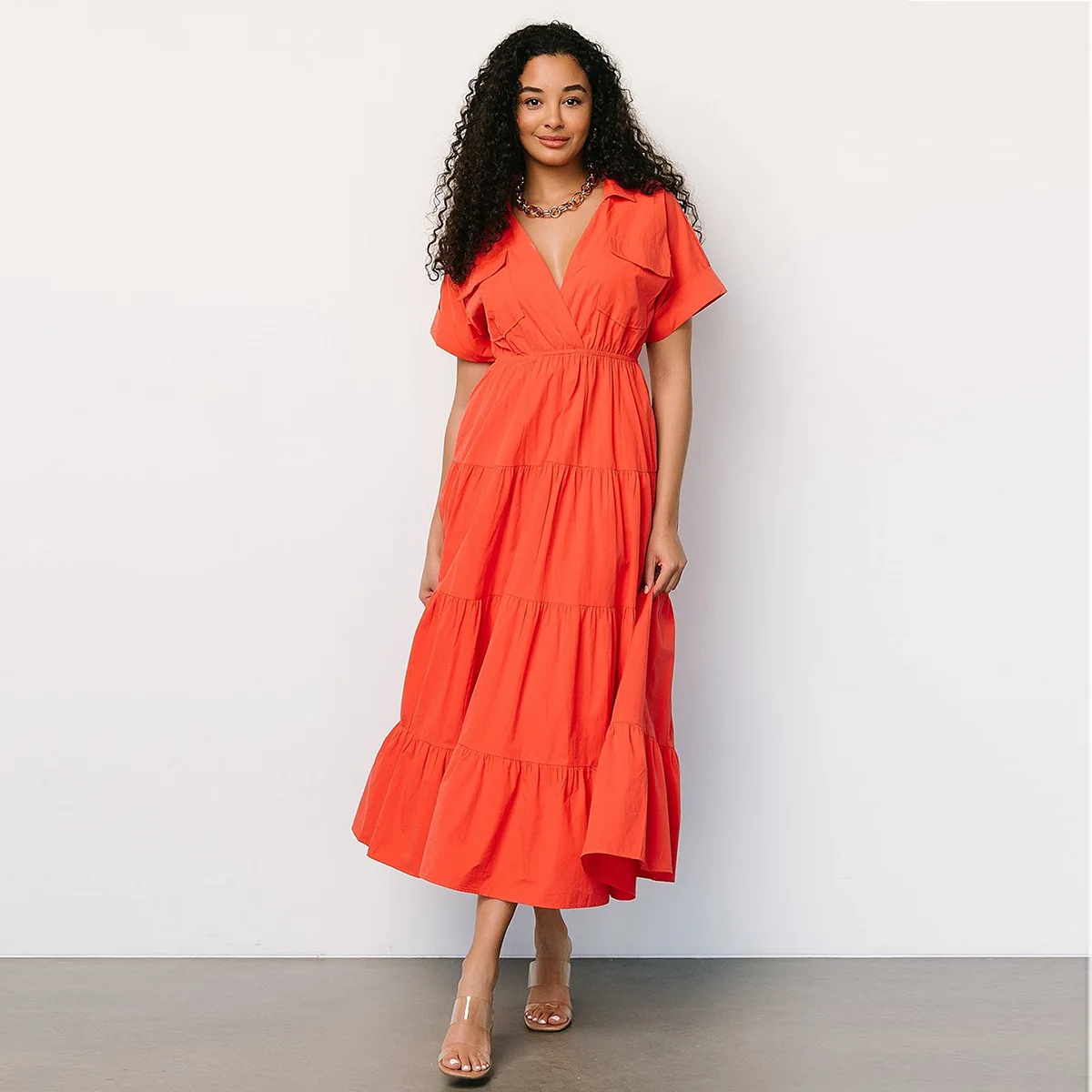 

Summer Shirt Dresses A-line Women's Casual White Dress V-neck Pockets Fitted Waist Flared Dress Women Clothing Streetwear Trend