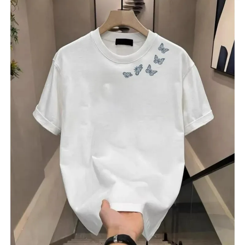 Men's T-shirt American Retro Style Pure Cotton Butterfly Print Half-sleeve Chinese Trend Off-the-shoulder Loose Five-quarter New