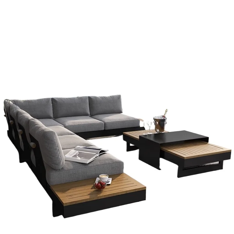 

Outdoor sofa courtyard teak aluminum alloy tarp sponge seat cushion sun protection coffee table combination solid wood sofa