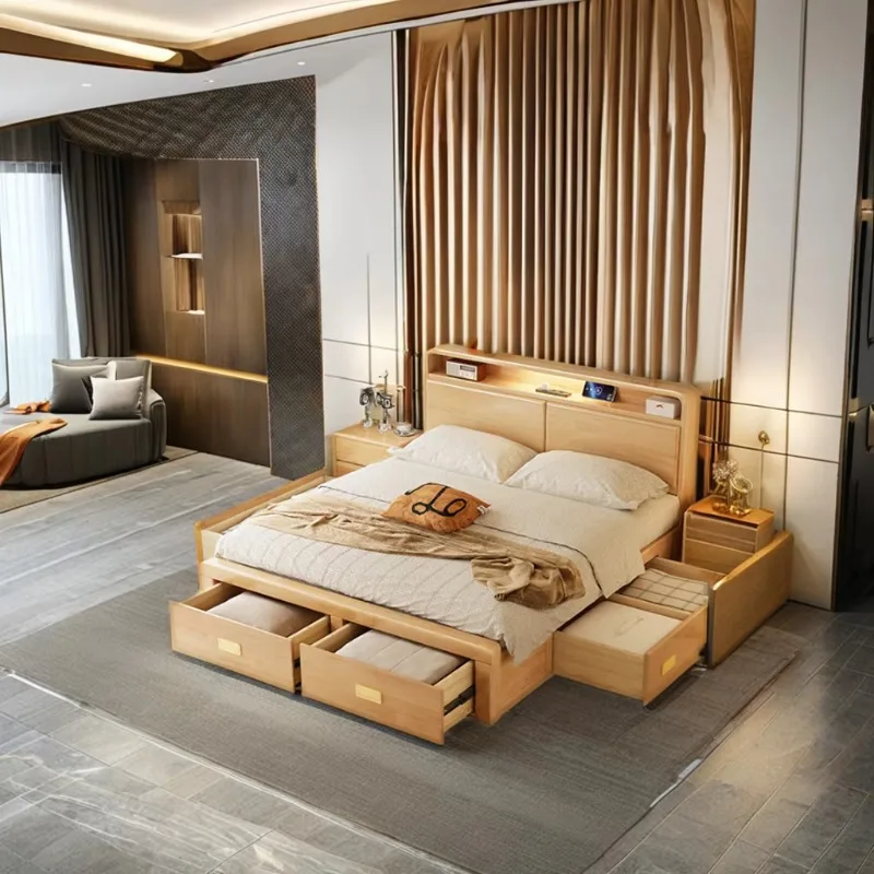 

Modern minimalist solid wood bedroom furniture set Queen single bed with soft storage for home or hotel/apartment