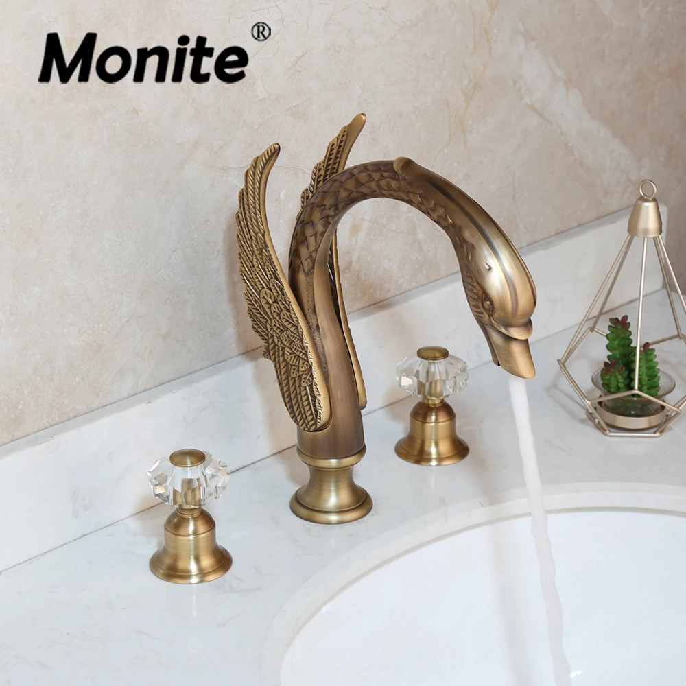 Monite Swan Basin Faucet Antique Brass Deck Mounted Bathroom Bathtub 3/5 Pcs Set Dual Handles 3 Holes Hot Cold Water Mixer Tap