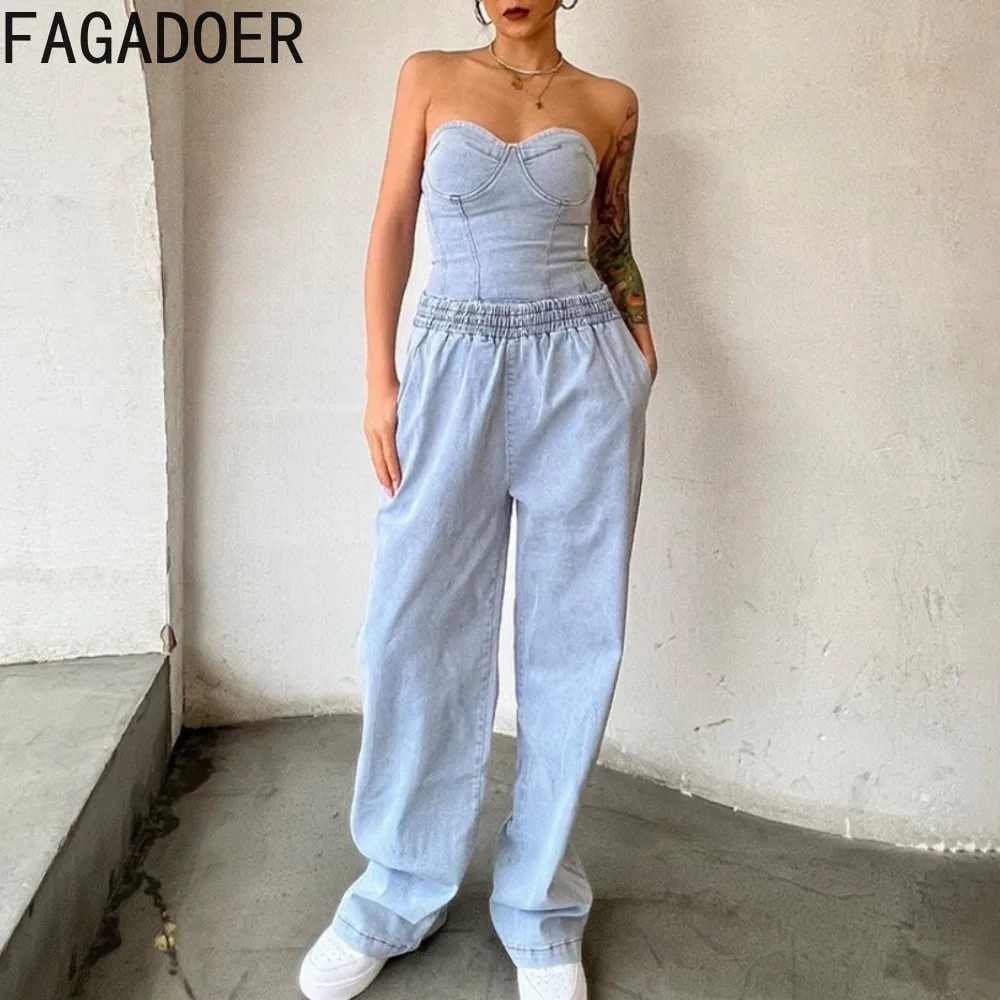 FAGADOER Light Blue Fashion Off Shoulder Denim Two Piece Sets Women Tube + Wide Leg Pants Outfits Casual Elasticity Cowboy Suits