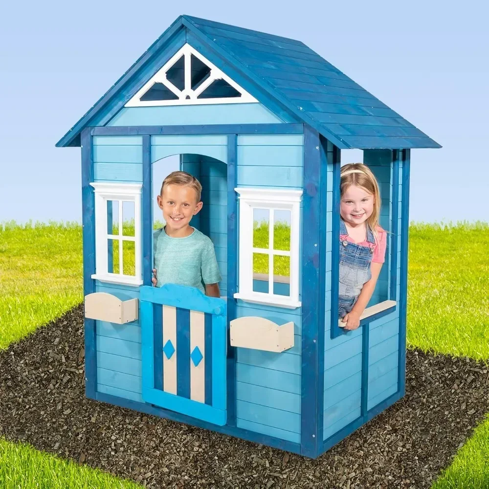 Wooden Outdoor Backyard Playhouse with Flower Boxes and white trimmed windows, Pre-cut panels for easy assembly, Playhouse