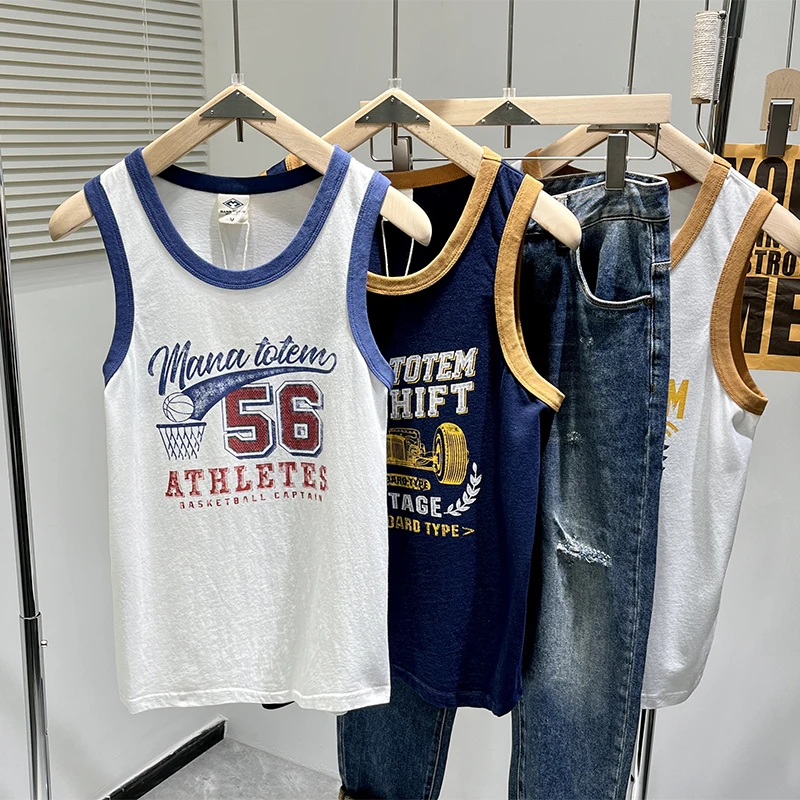 Summer Japan Retro Printed Basketball Loose Sleeveless T-shirt Tank Tops American Vintage Casual 100% Cotton Vest Tees for Men - Image 4