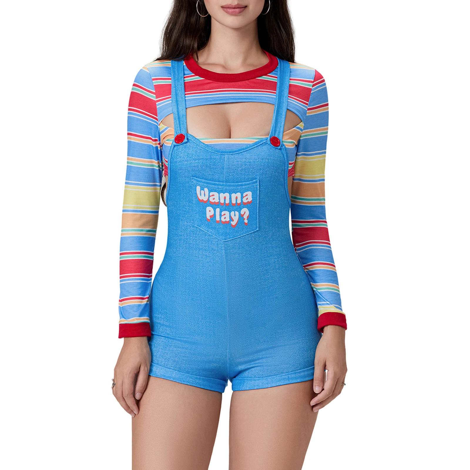 Women's Bib Shorts Set Colorful Striped Long Sleeve Front Hollow Slim Short Tops + Letter Bib Shorts