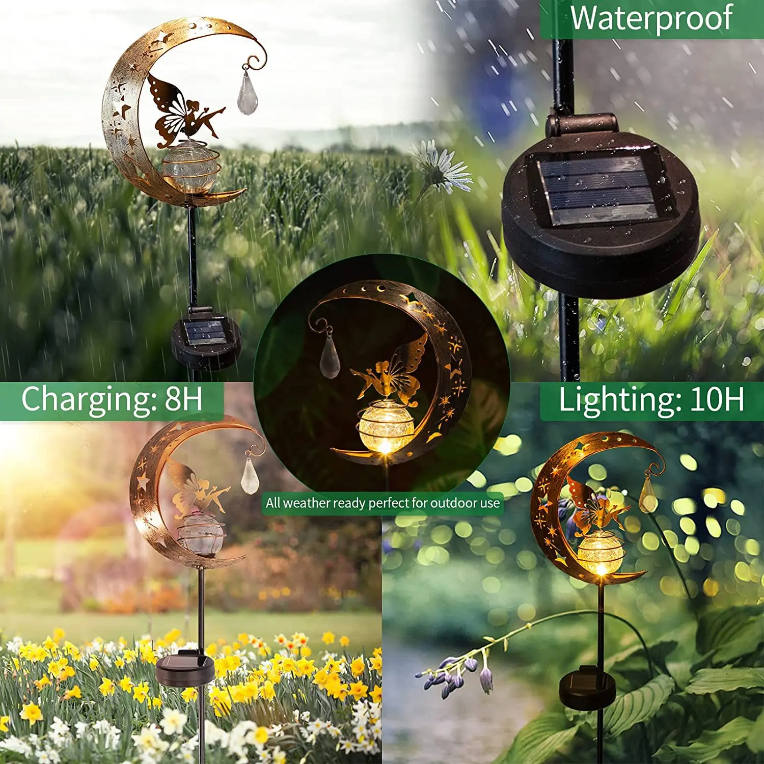 Animal Fada Lua Luz Solar, Ornamento ao ar livre, Ferro decorativo criativo, Lâmpada de bola oca do crack, Luz solar LED, Novo ângulo de arte