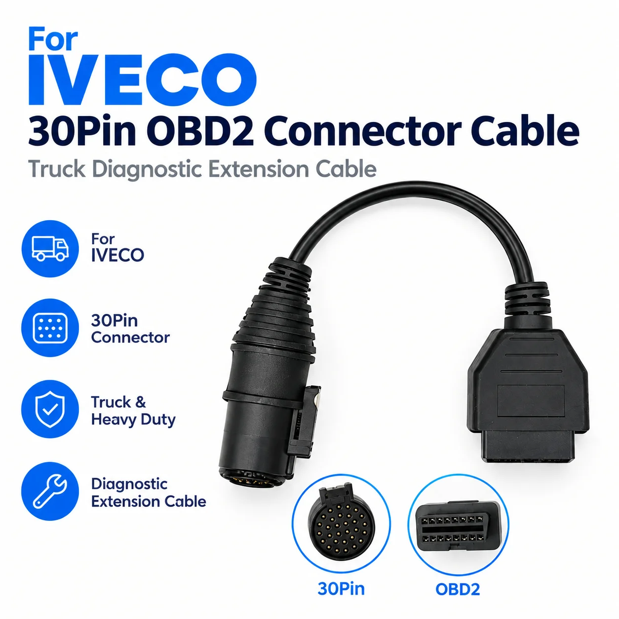 For Iveco 30Pin OBD2 Connector Cable Truck Heavy Duty Vehicle Diagnostic Extension Adapter