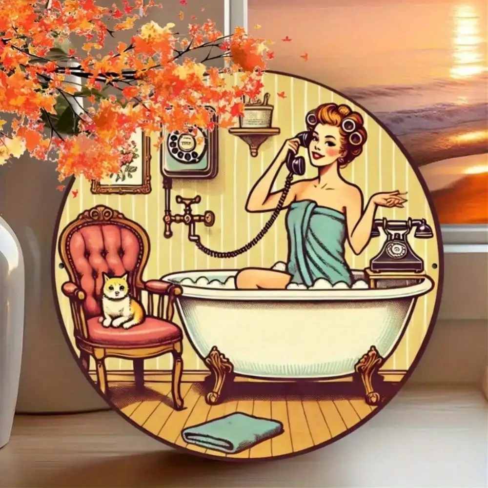 2D Flat High Definition Metal Wall Art Vintage Bathroom Pin-Up Girl in Bathtub with Cat and Rotary Phone Metal Sign American Ret