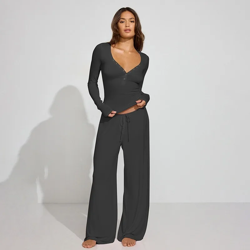 Women's Spring Fashion Ensemble Solid Color Long Sleeve Button Top Paired Drawstring Trousers Casual Style Women's Pajama set