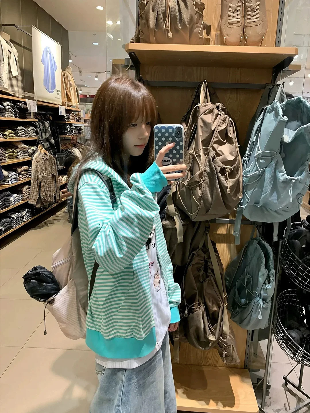 Elegant Green Striped Hooded Open Cardigan Sweatshirt Women's Loose Casual Zipper Jacket Comfortable Thin Long Sleeve Autumn
