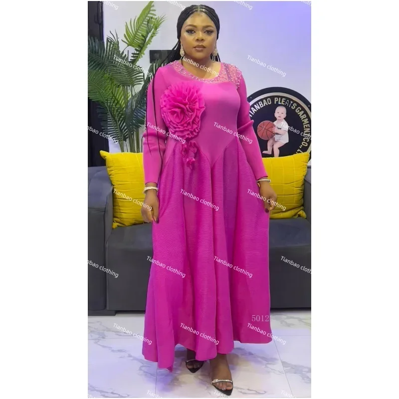 فستان مياكي فضفاض بطيات بلون سادة، فستان نسائي أنيق مصنوع يدويًا من الدانتيل والماس